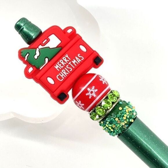 Merry Christmas pickup truck tree handmade pen NEW beads green red - Picture 3 of 6